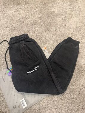 YoungLA Black Corduroy Joggers with White Script Logo